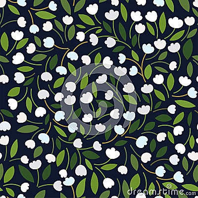 Beautiful Floral pattern with white tulips / lilies of the valley, leaves on a dark background. Vector Illustration